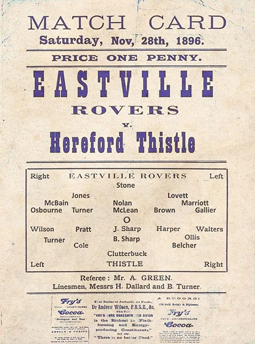 An image of a programme from the Bristol Rovers game in 1896-7 against Hereford Thistle