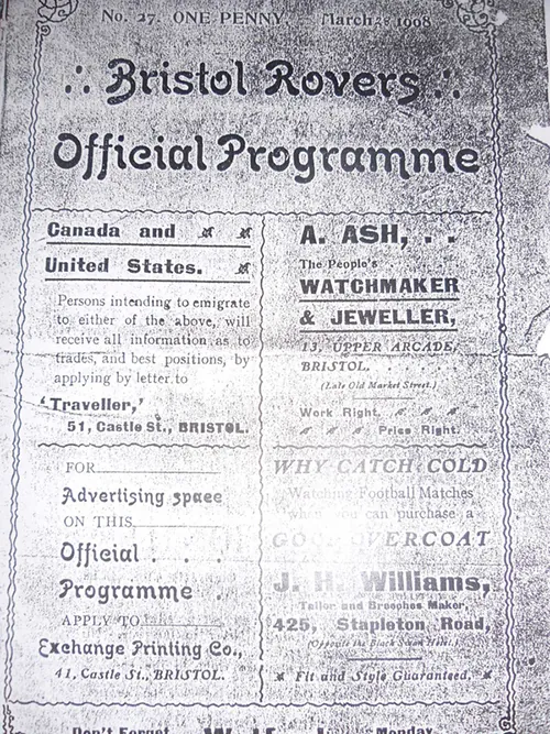 An image of a programme from the Bristol Rovers game in 1907-8 against Swindon