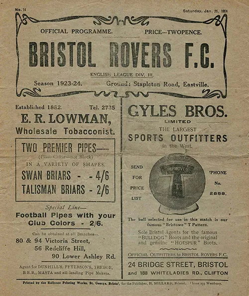 An image of a programme from the Bristol Rovers game in 1923-4 against Aberdare