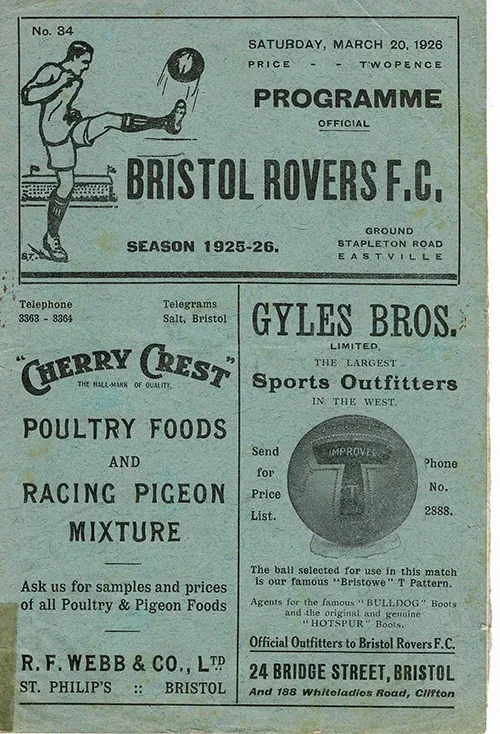 An image of a programme from the Bristol Rovers game in 1925-6 against Bristol City